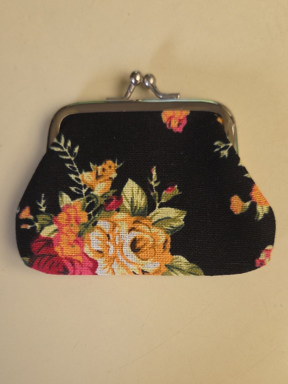 Floral Kiss-Lock Coin Purse - Black with Yellow & Pink Roses